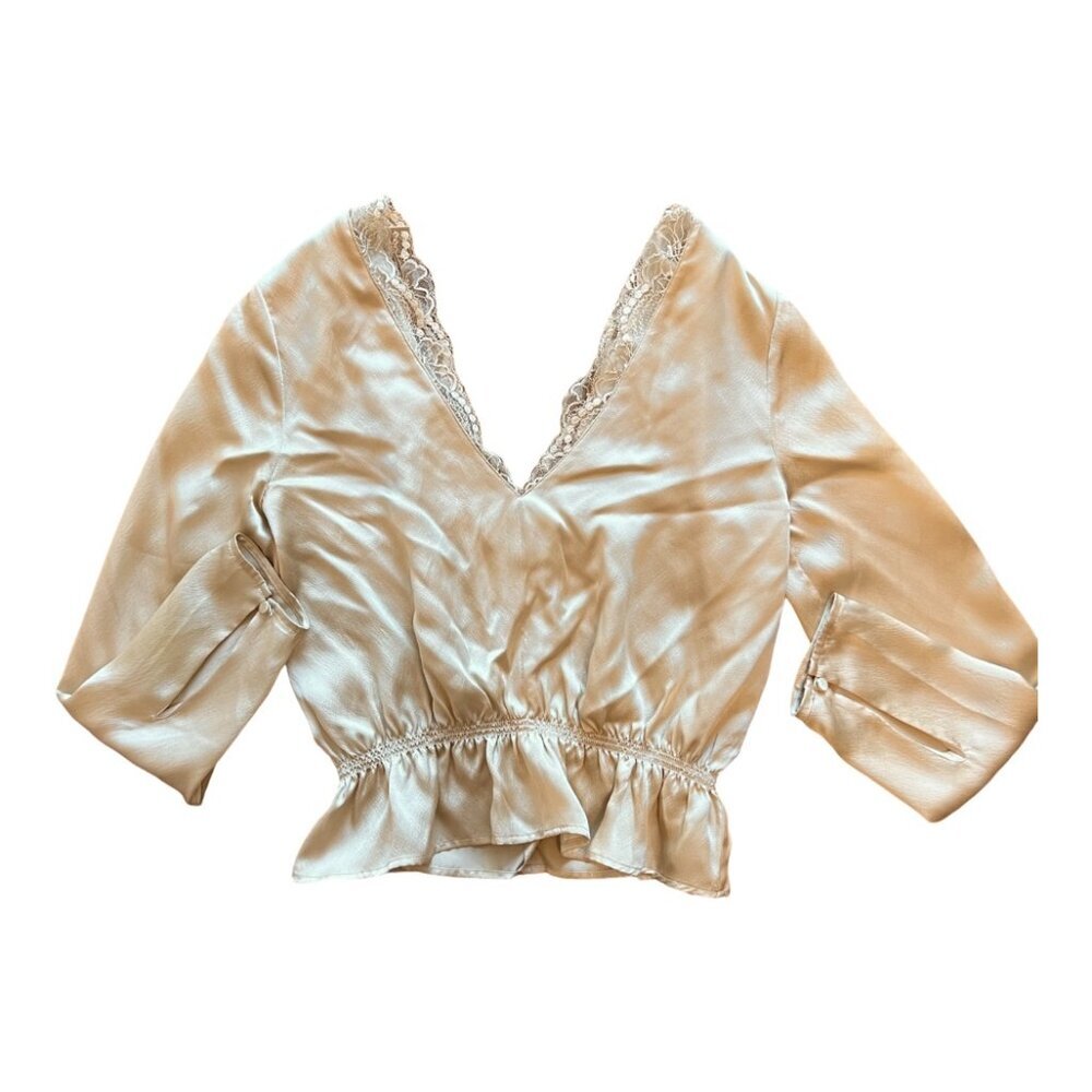 Aritzia Little Moon - Champagne Pink 100% Silk Blouse Lace Trim - XXS - Picture 4 of 9